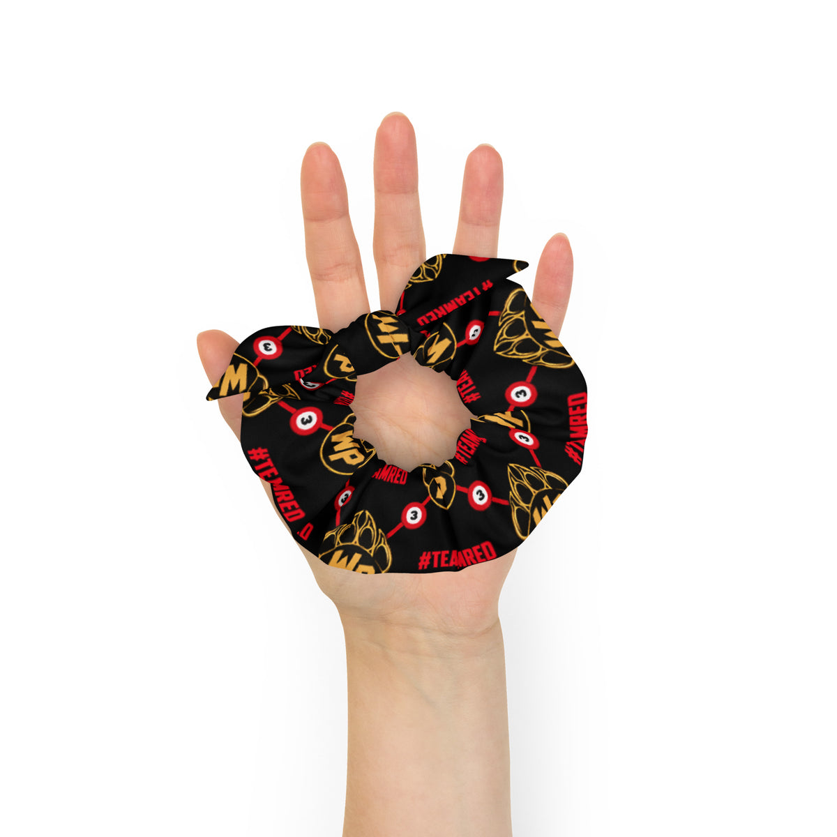 #TEAMRED Scrunchie // Black & Gold, front view