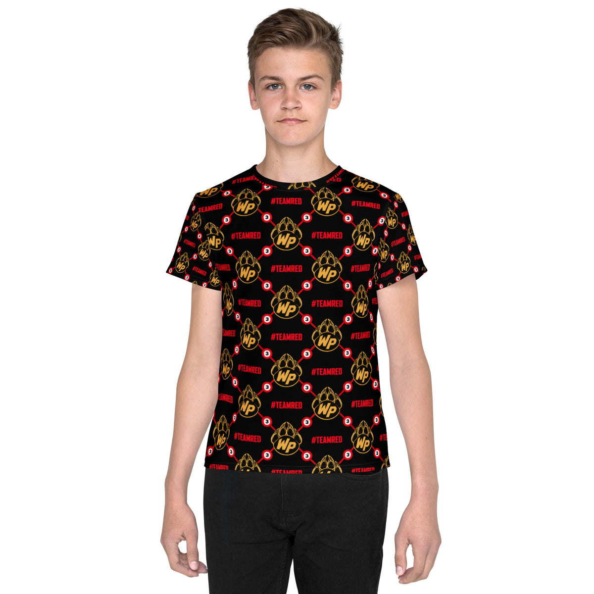 #TEAMRED Youth All-Over Tee // Black & Gold, front view