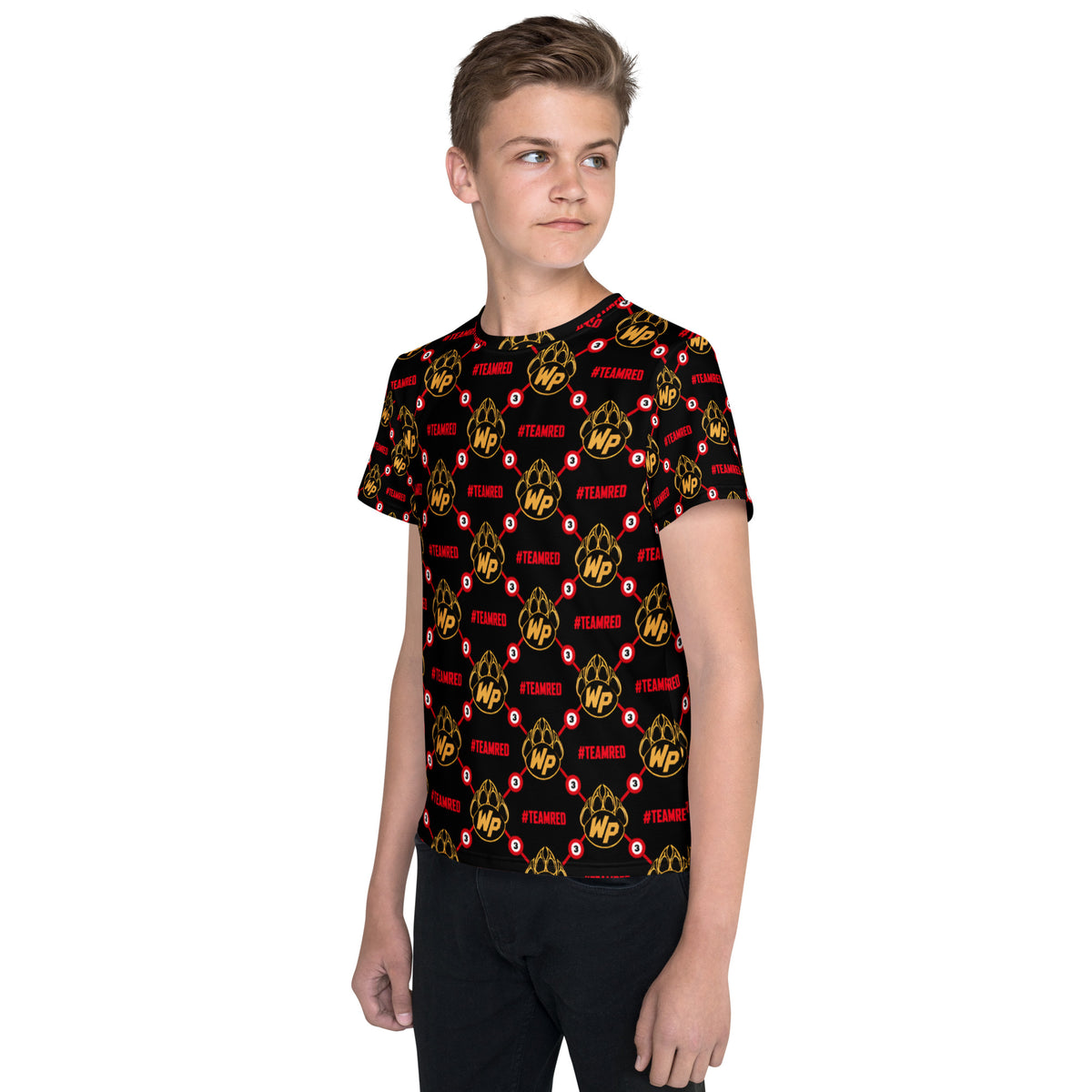 #TEAMRED Youth All-Over Tee // Black & Gold, left view