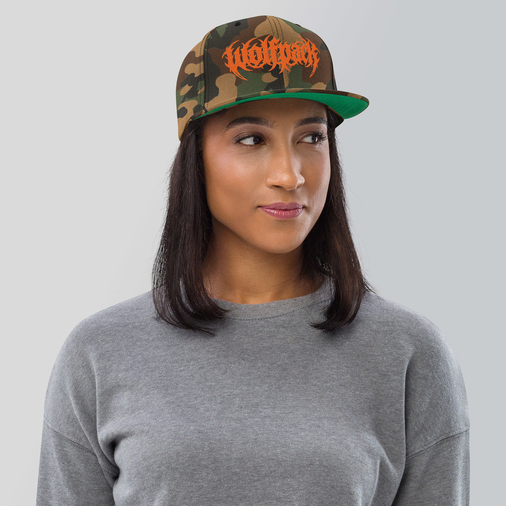 Wolfpack Billiards green camo classic snapback with orange metal wordmark, front view