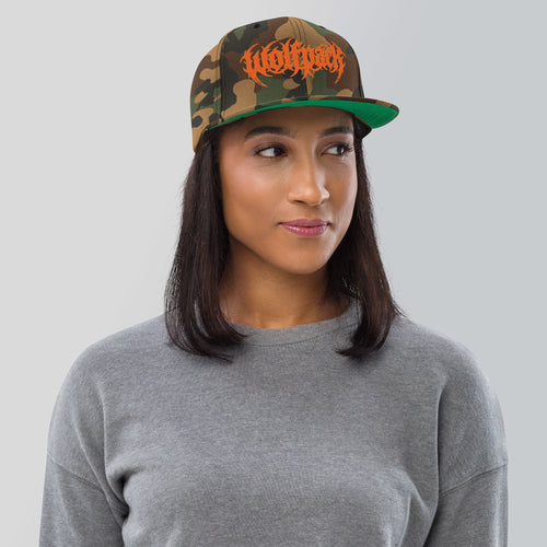Wolfpack Billiards green camo classic snapback with orange metal wordmark, front view