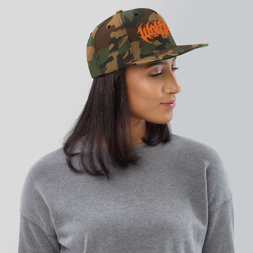 Wolfpack Billiards green camo classic snapback, right side view