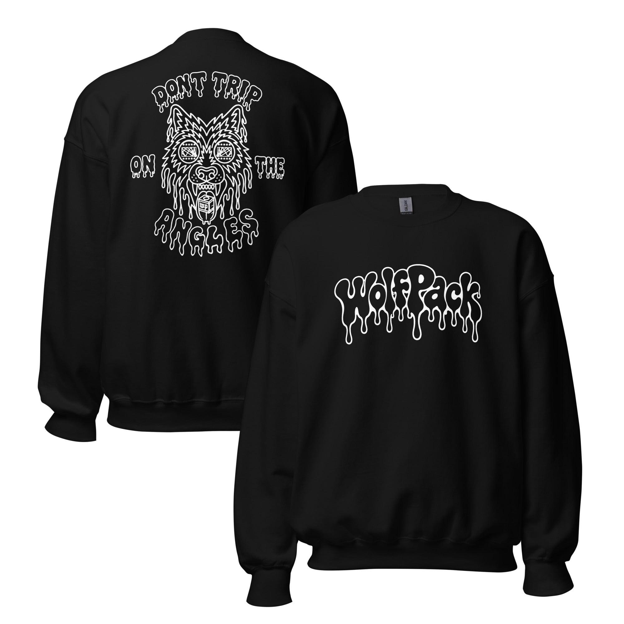 Wolfpack Don't Trip on the Angles black-and-white crewneck sweatshirt, front and back