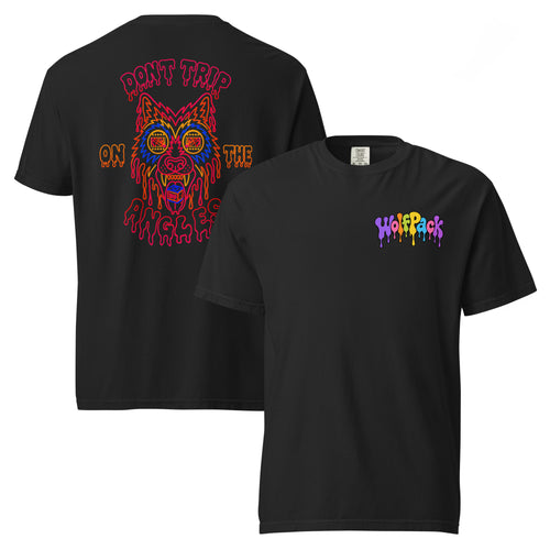 Wolfpack Don't Trip on the Angles garment-dyed heavyweight tee, black, front and back