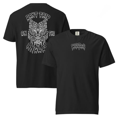 Wolfpack Don't Trip on the Angles black-and-white garment-dyed tee, front and back