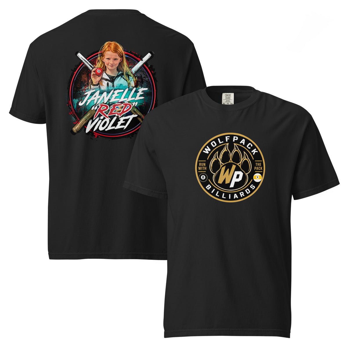 Janelle "Red" Violet Heavyweight Tee, front and back view