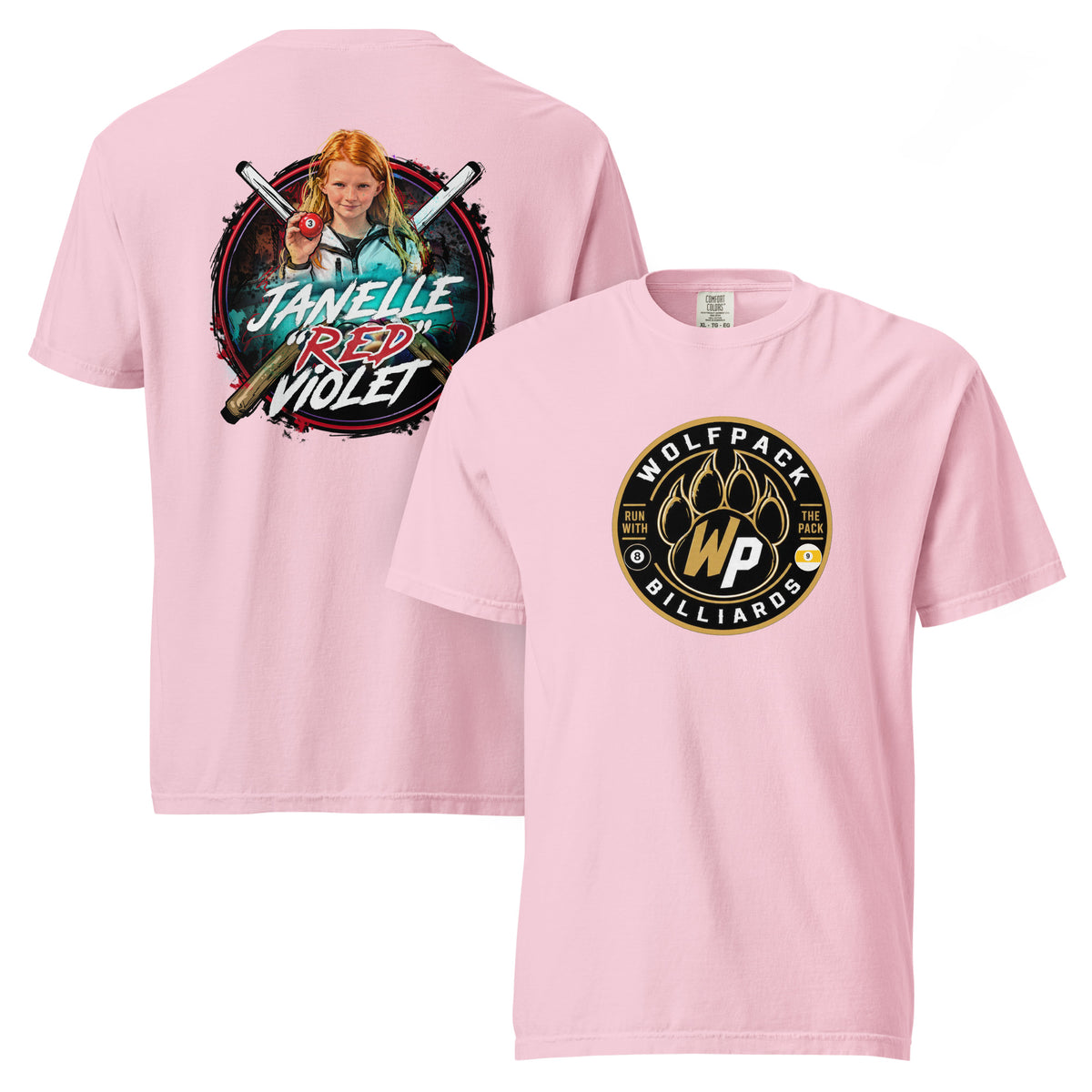 Janelle "Red" Violet Heavyweight Tee, front and back view