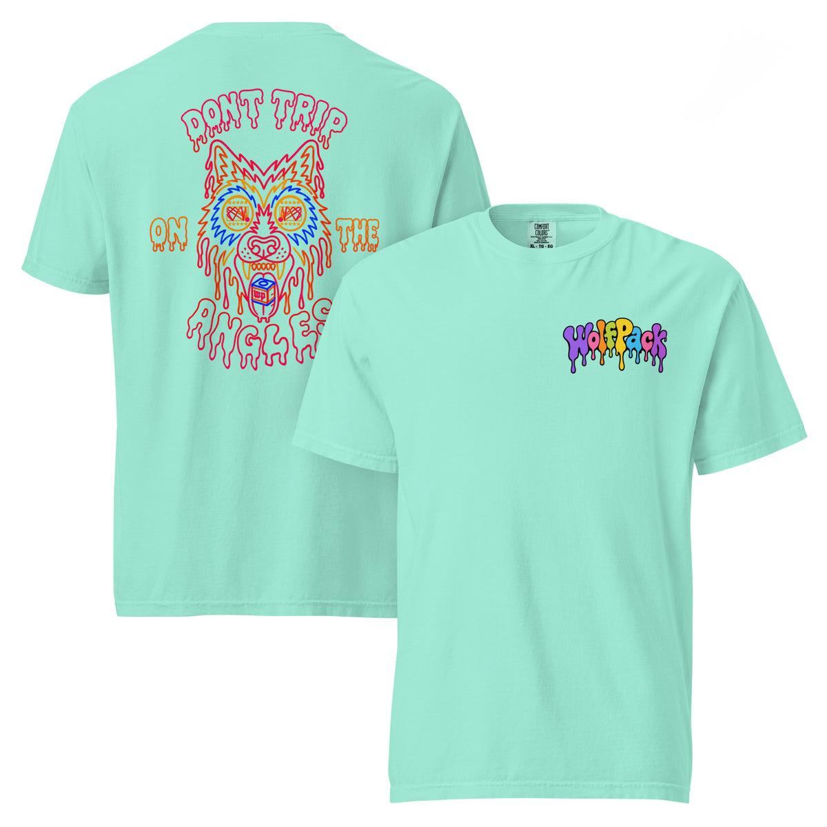 Wolfpack Don't Trip on the Angles garment-dyed heavyweight tee, chalky mint, front and back