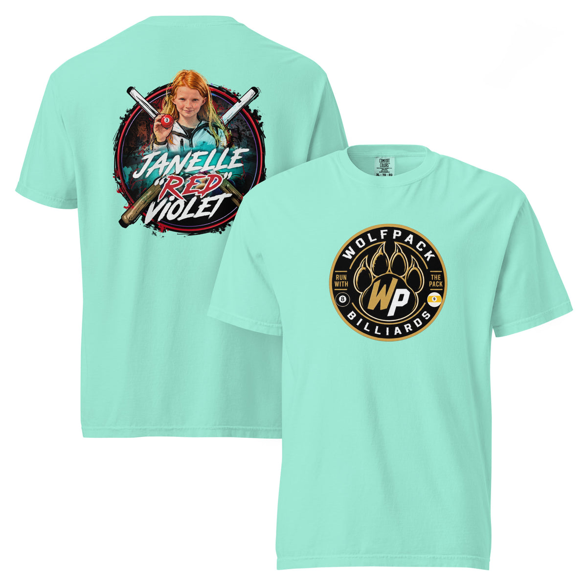 Janelle "Red" Violet Heavyweight Tee, front and back view