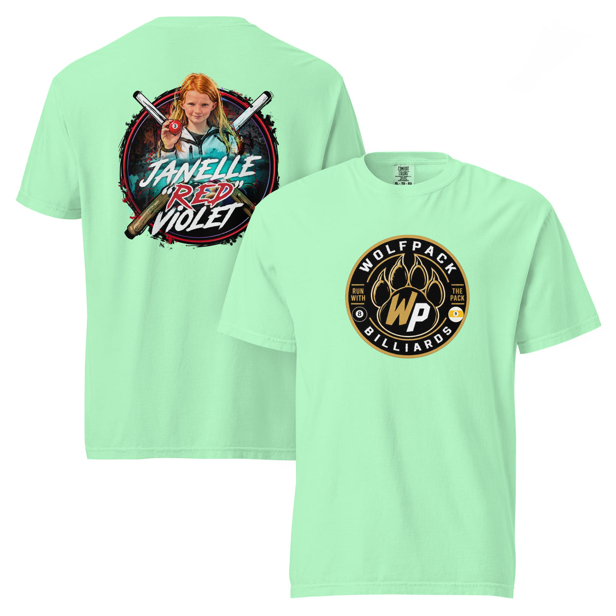 Janelle "Red" Violet Heavyweight Tee, front and back view