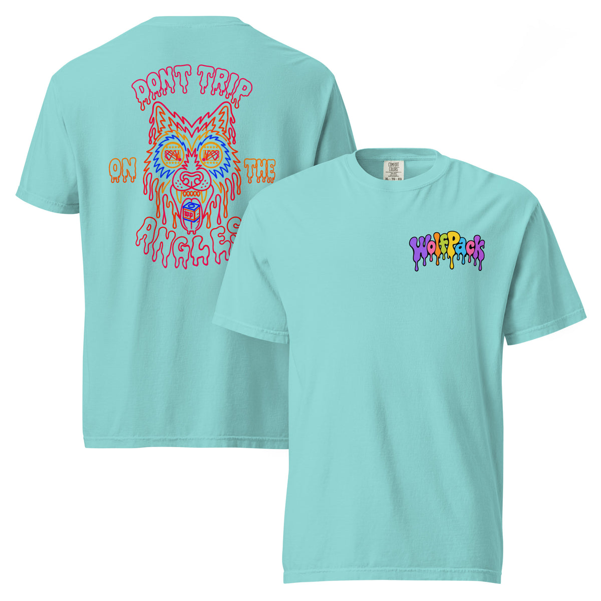 Wolfpack Don't Trip on the Angles garment-dyed heavyweight tee, lagoon blue, front and back