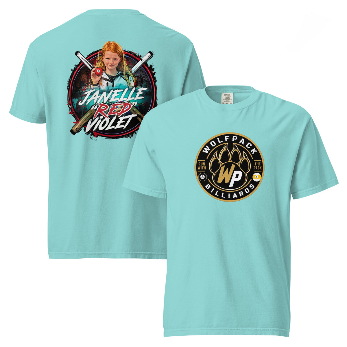 Janelle "Red" Violet Heavyweight Tee, front and back view
