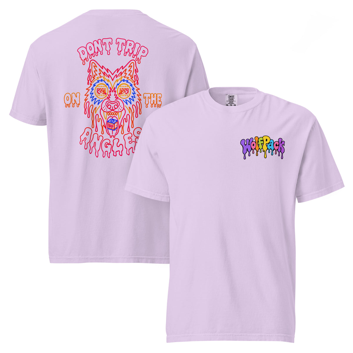 Wolfpack Don't Trip on the Angles garment-dyed heavyweight tee, orchid, front and back