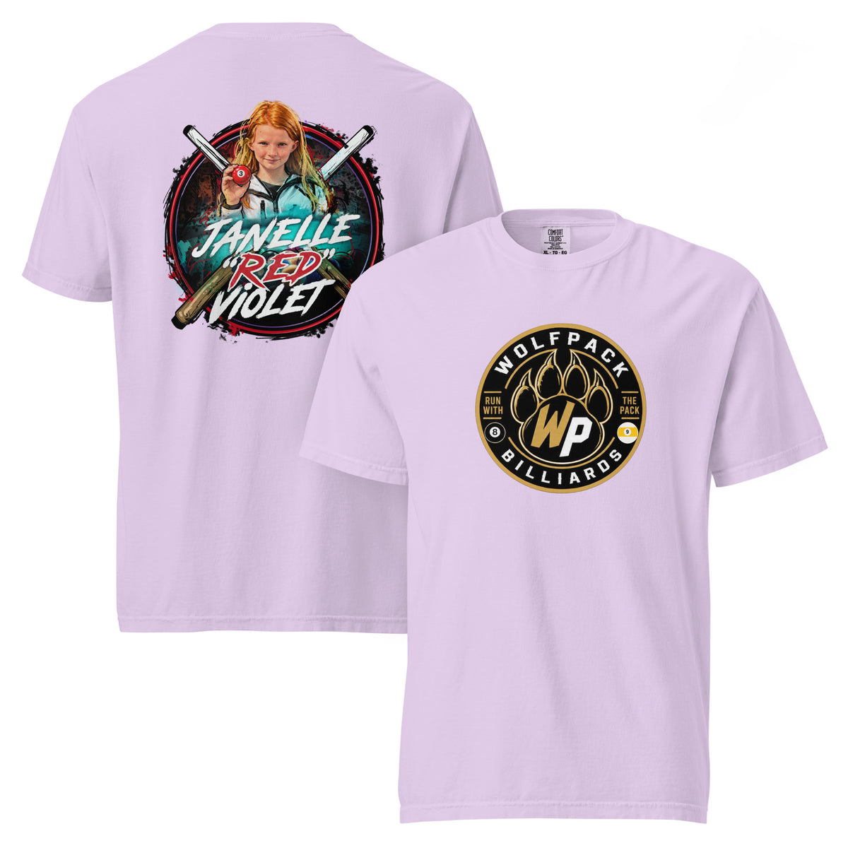 Janelle "Red" Violet Heavyweight Tee, front and back view