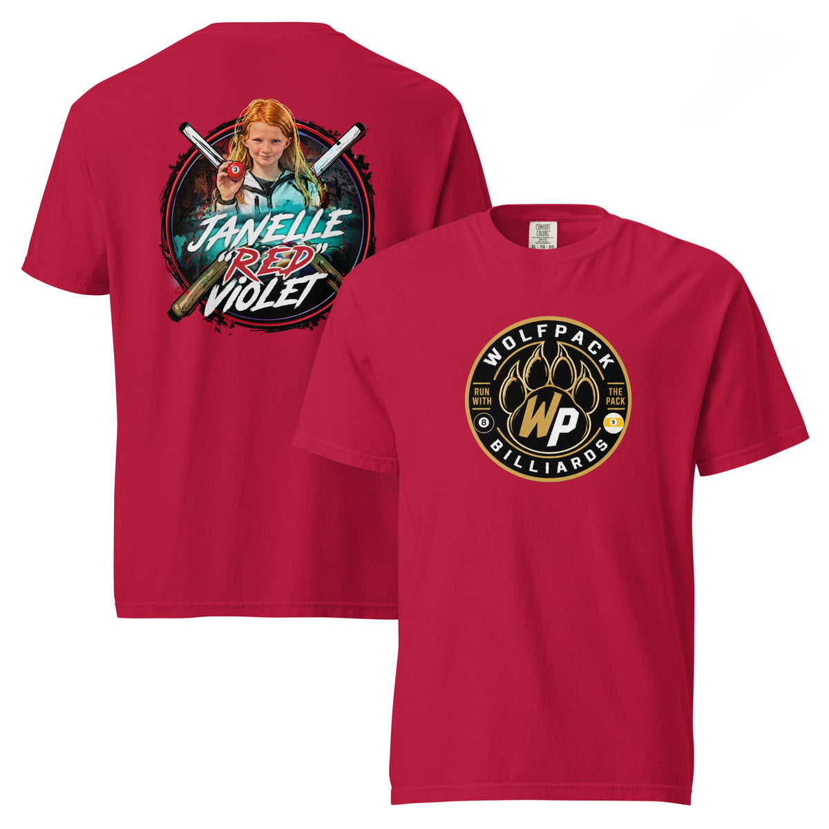 Janelle "Red" Violet Heavyweight Tee, front and back view