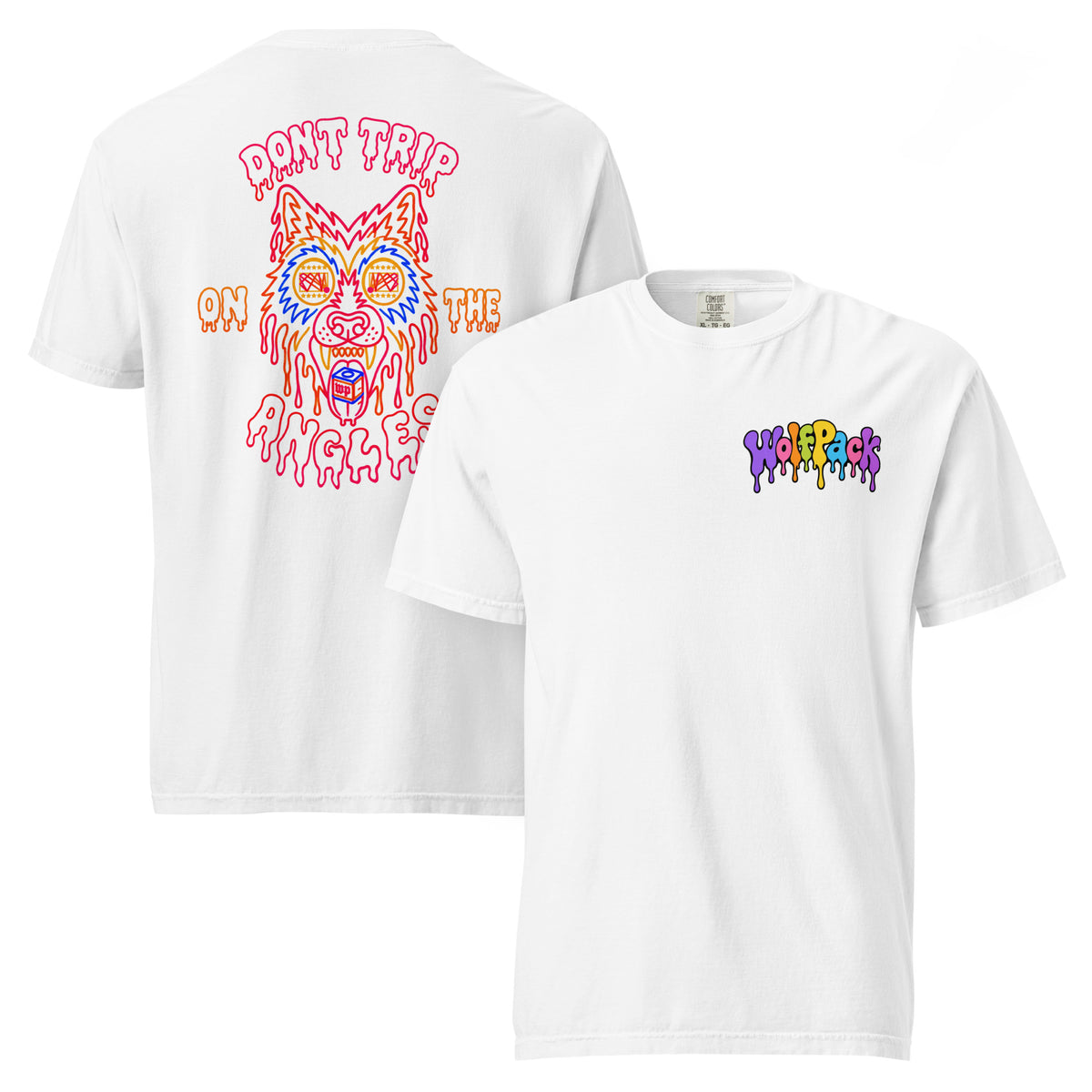 Wolfpack Don't Trip on the Angles garment-dyed heavyweight tee, white, front and back