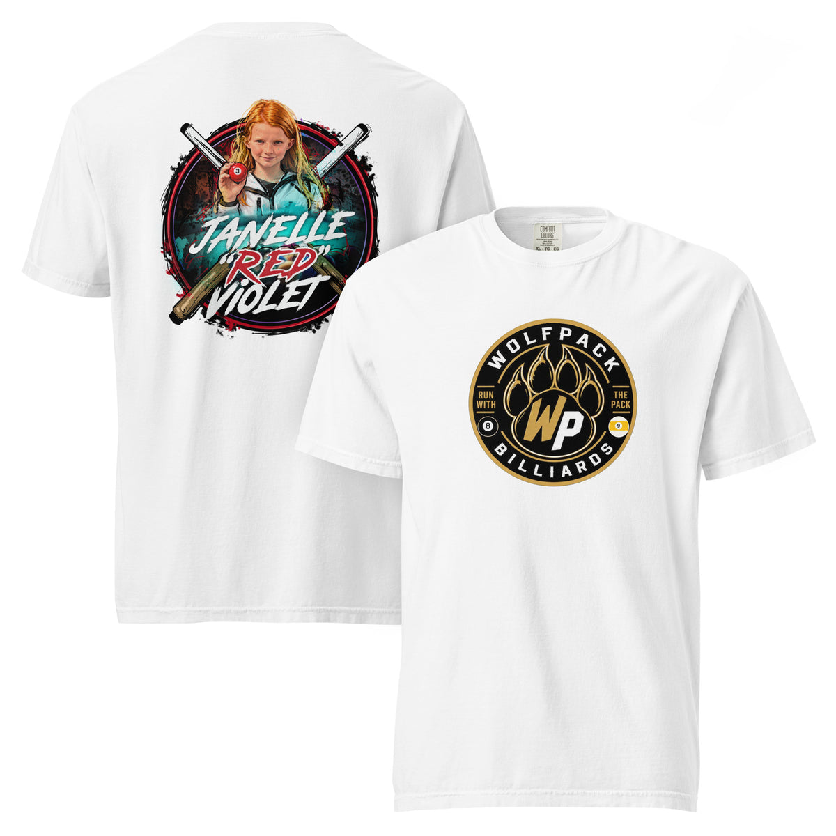 Janelle "Red" Violet Heavyweight Tee, front and back view