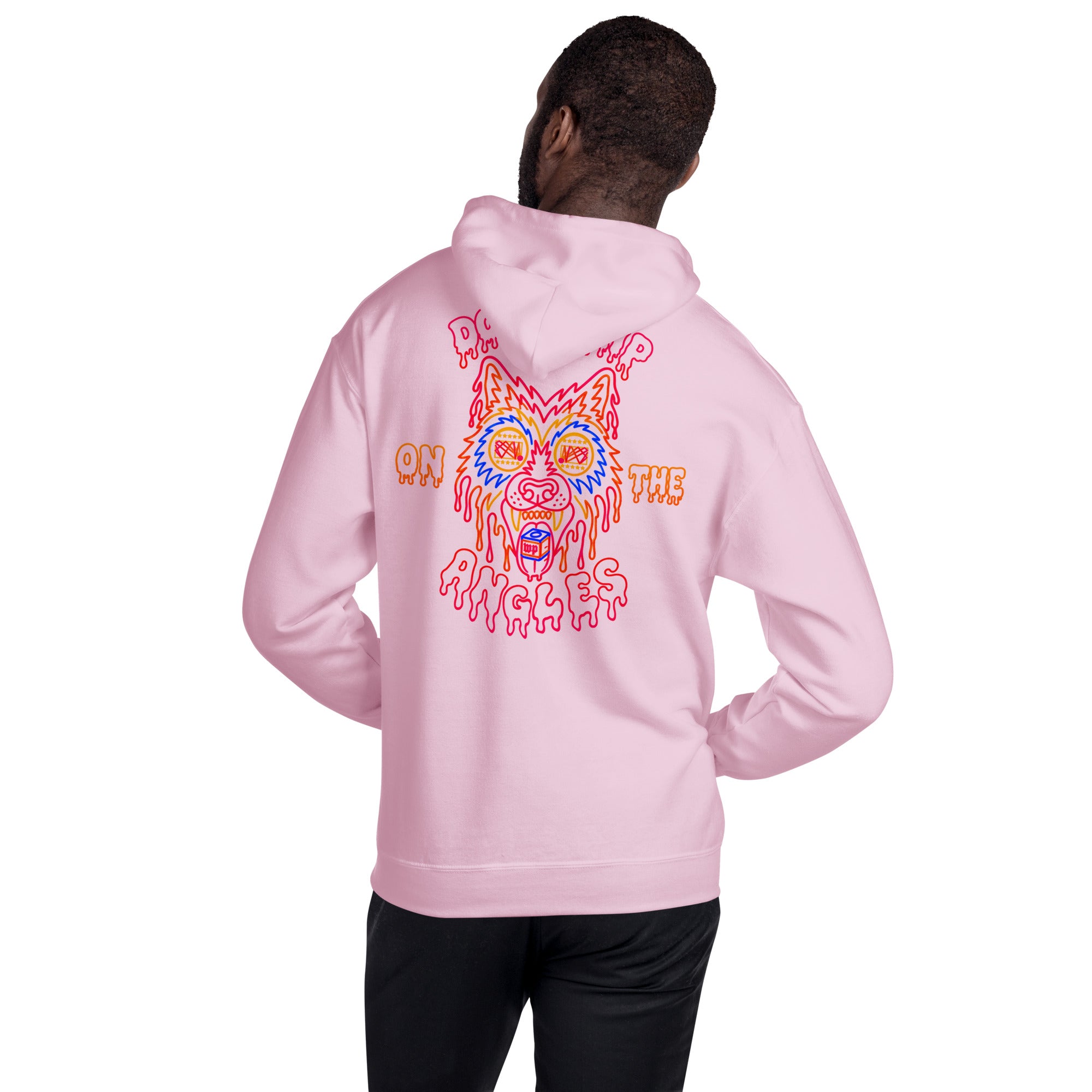 Wolfpack Don't Trip on the Angles hoodie, light pink, back on model