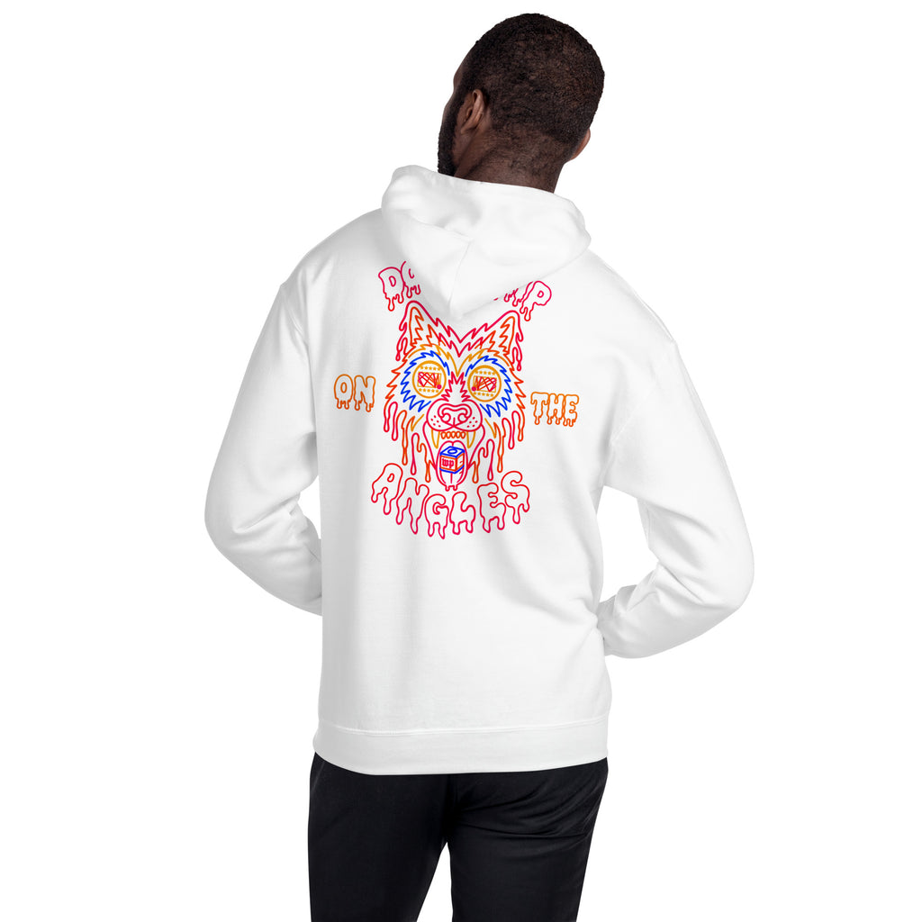 Wolfpack Don't Trip on the Angles hoodie, white, back on model