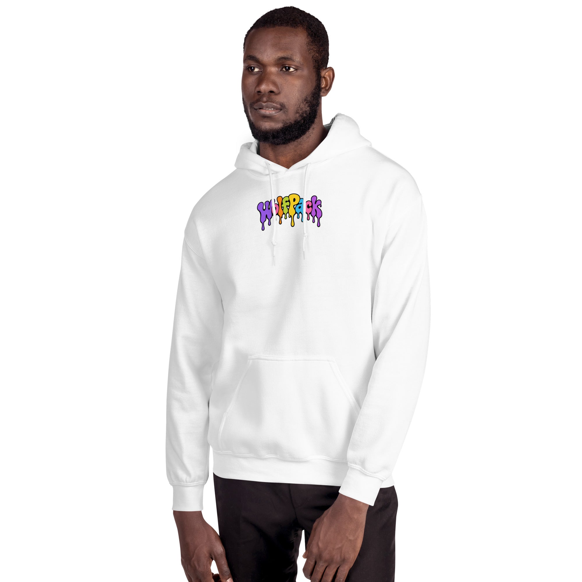 Wolfpack Don't Trip on the Angles hoodie, white, front on model