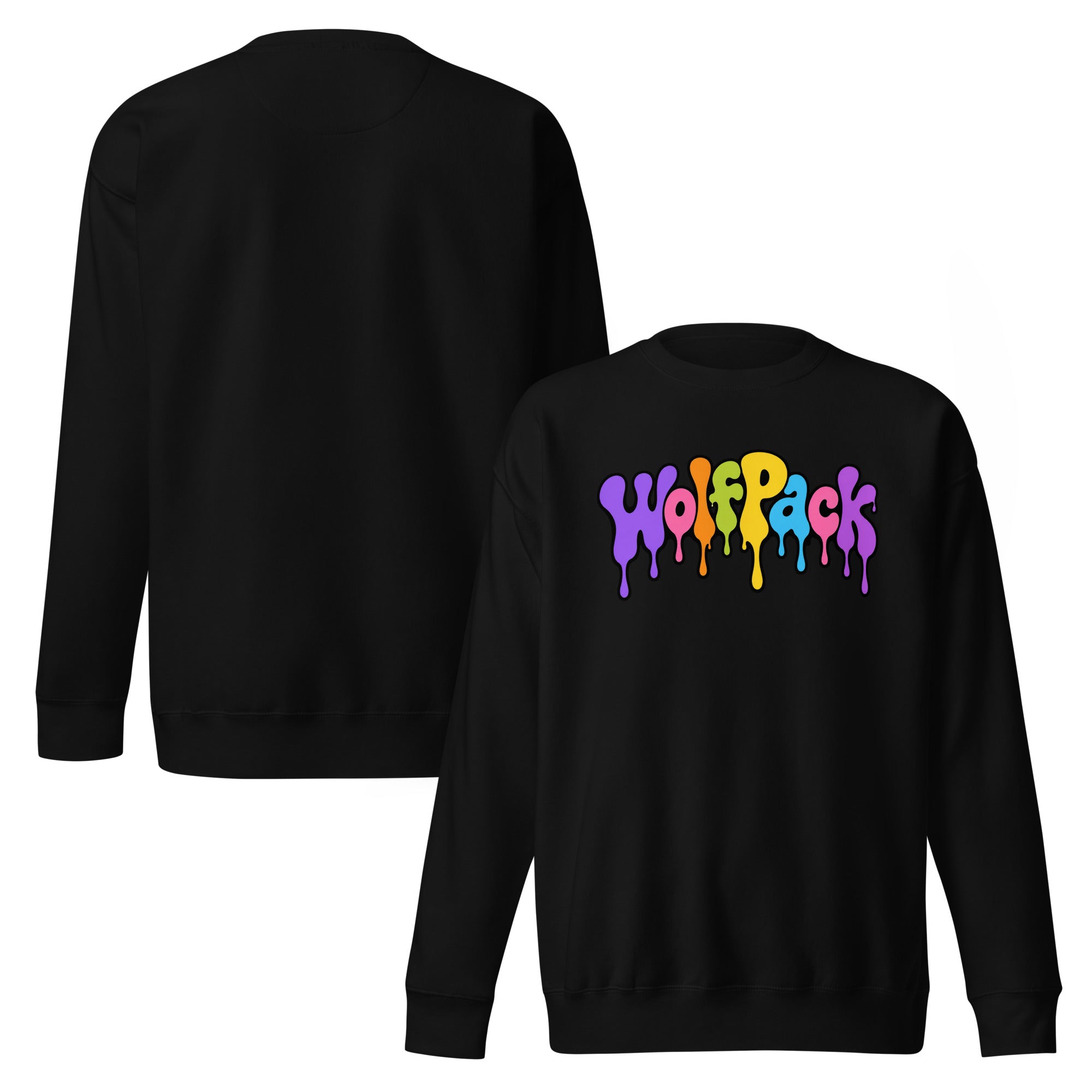Wolfpack drip logo crewneck sweatshirt, black, front and back