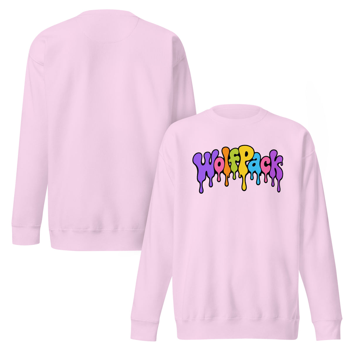 Wolfpack drip logo crewneck sweatshirt, lavender, front and back