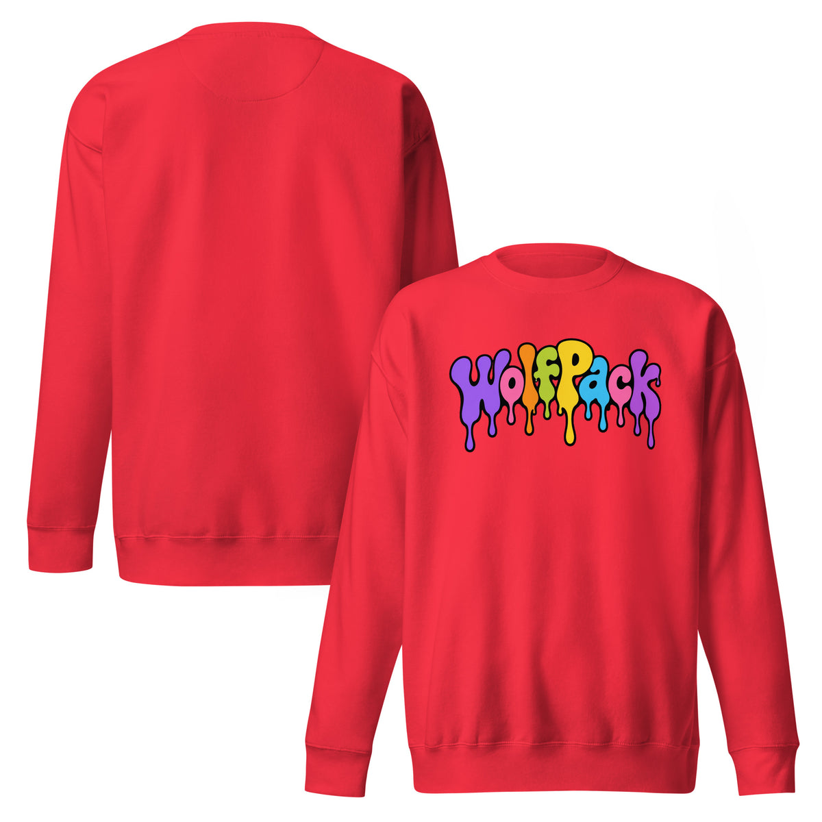 Wolfpack drip logo crewneck sweatshirt, team red, front and back