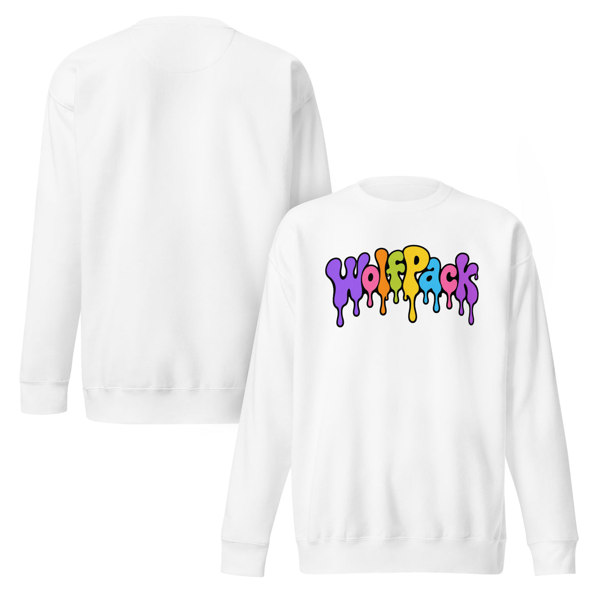Wolfpack drip logo crewneck sweatshirt, white, front and back
