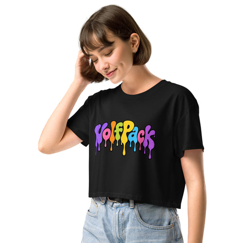 Wolfpack drip logo women's crop top, black, left front