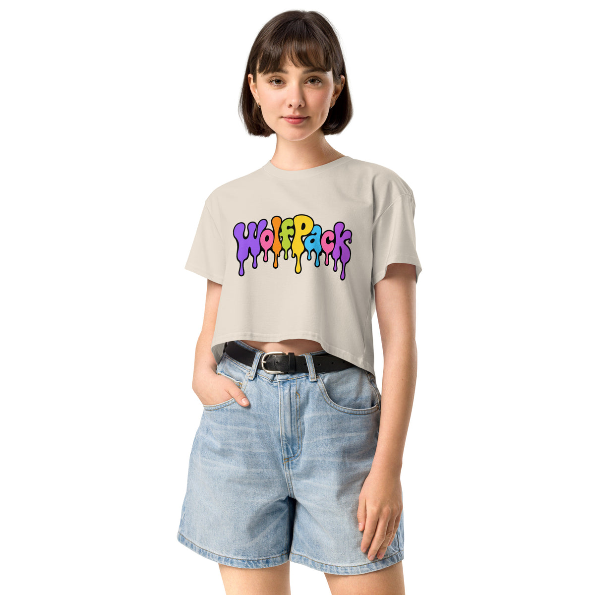Wolfpack drip logo women's crop top, bone, front