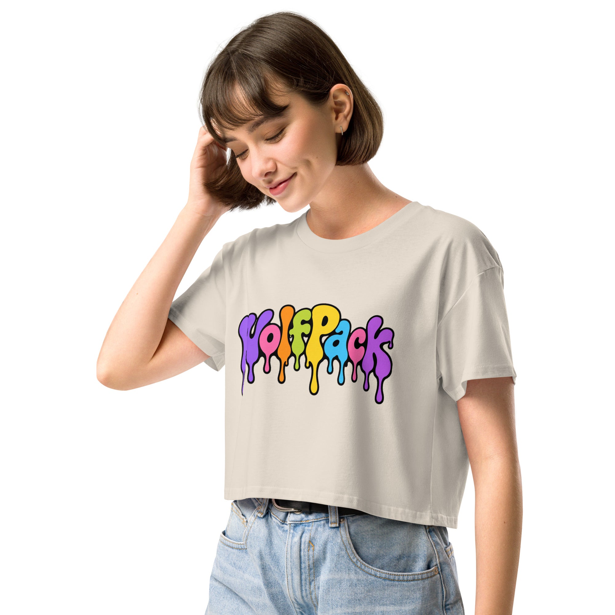 Wolfpack drip logo women's crop top, bone, left front