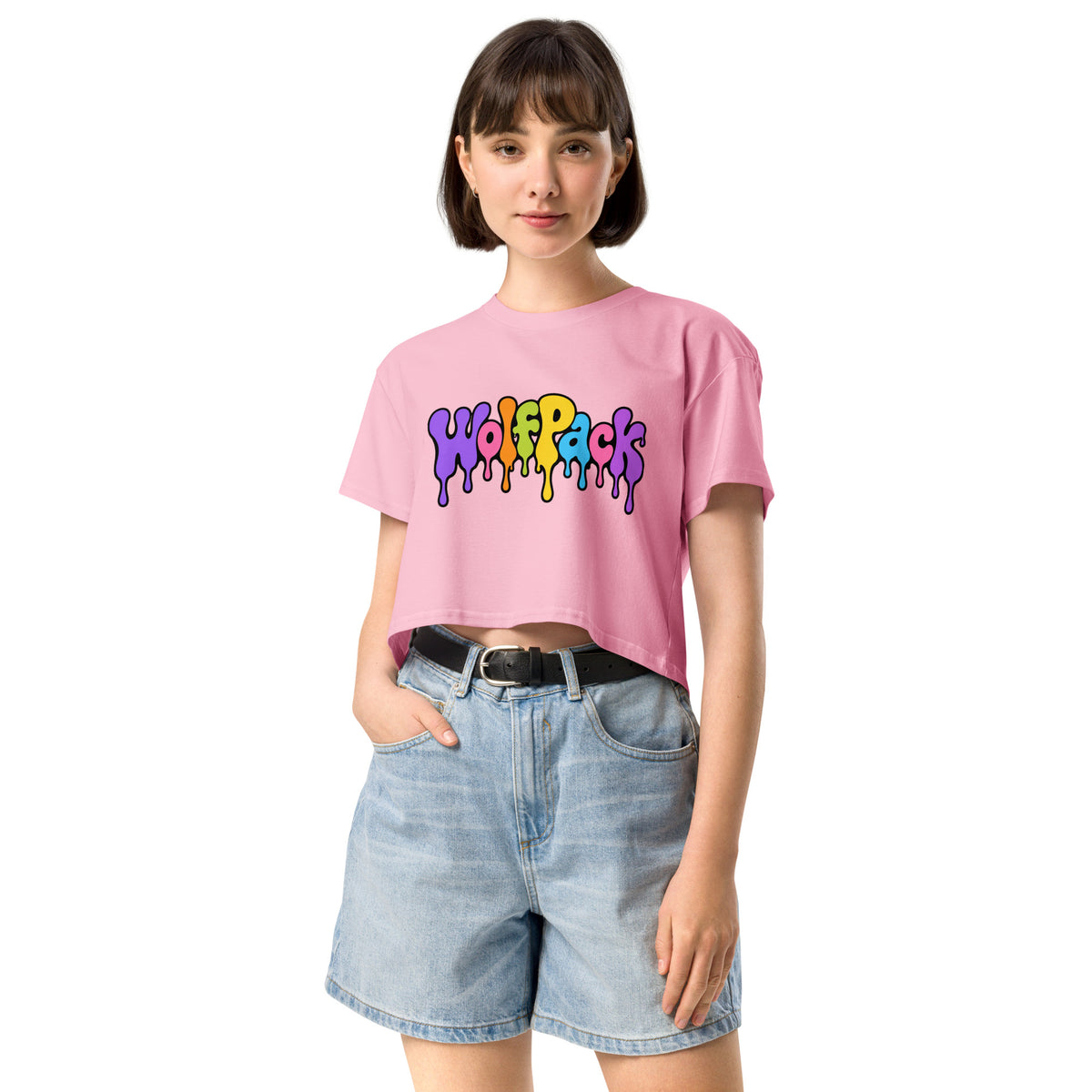 Wolfpack drip logo women's crop top, bubblegum, front
