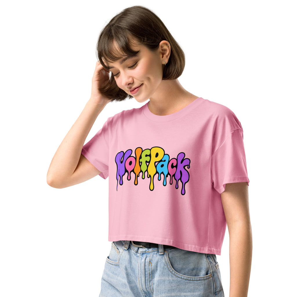 Wolfpack drip logo women's crop top, bubblegum, left front