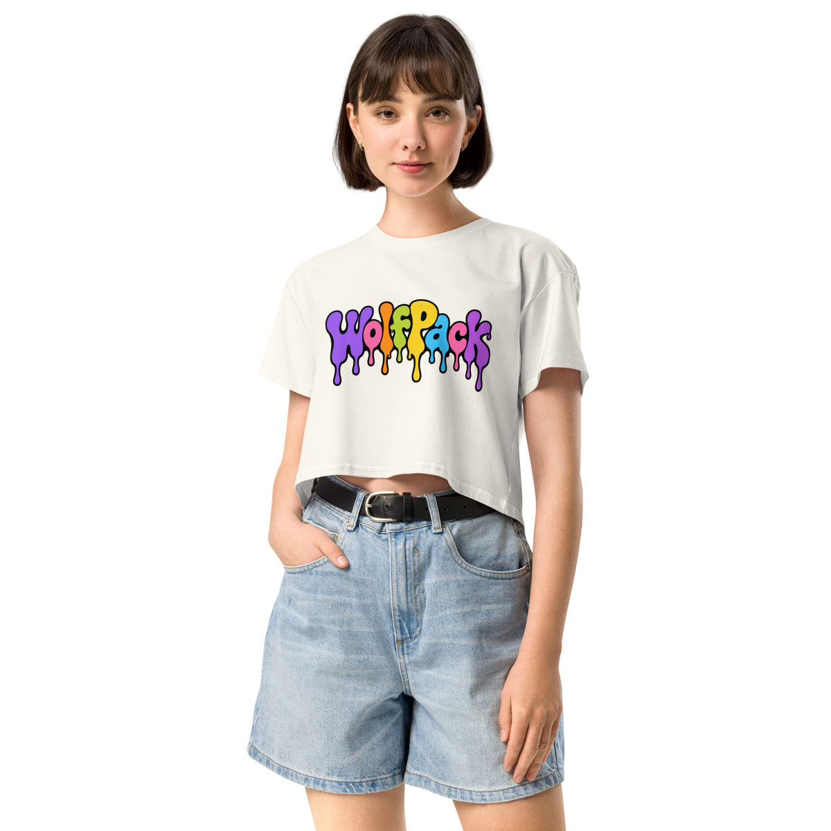 Wolfpack drip logo women's crop top, ecru, front