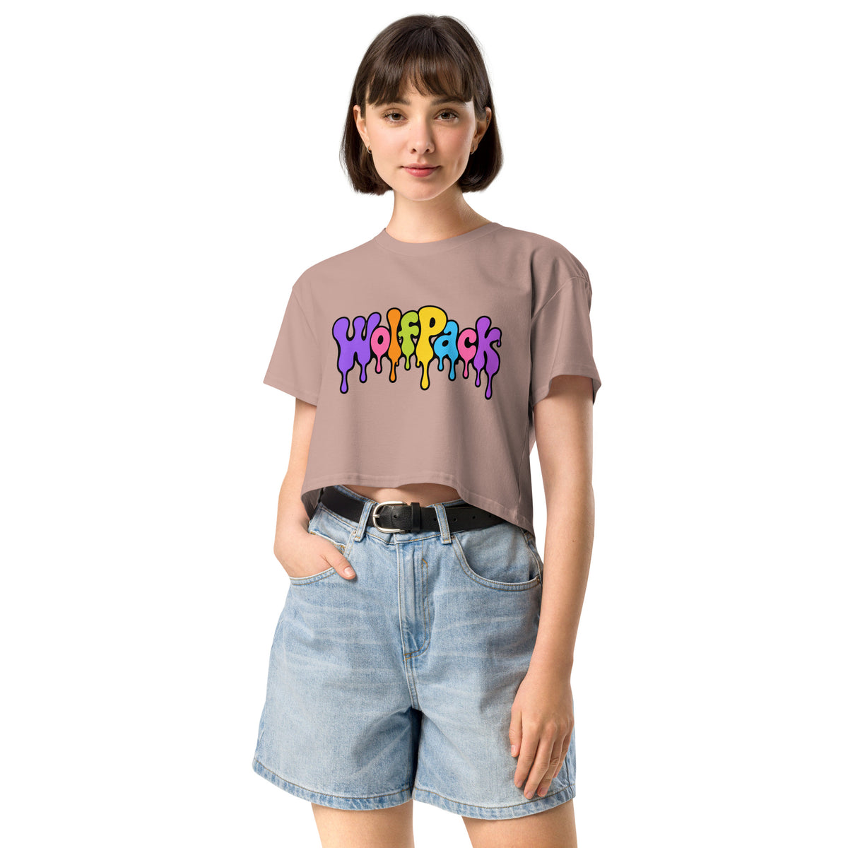 Wolfpack drip logo women's crop top, hazy pink, front
