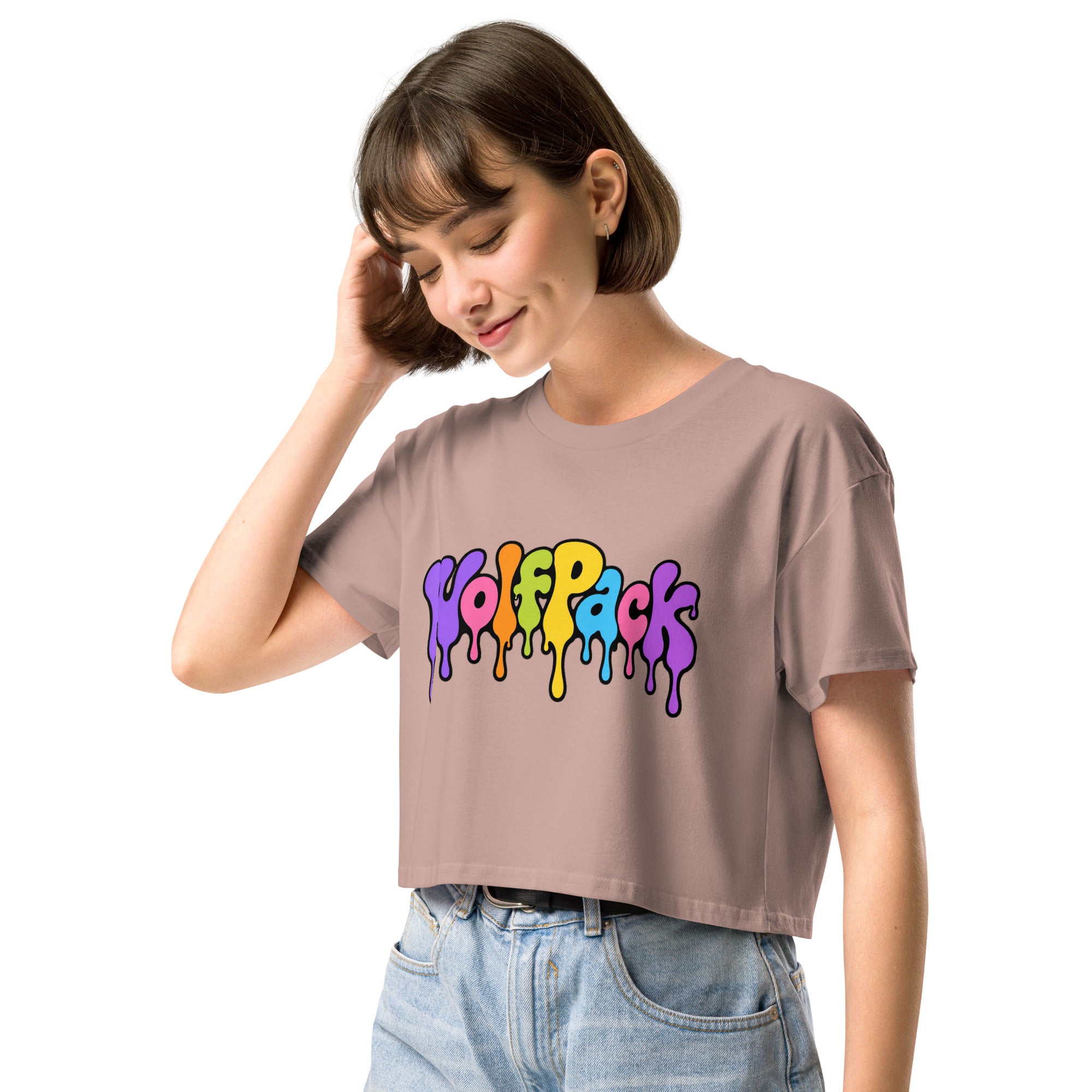 Wolfpack drip logo women's crop top, hazy pink, left front