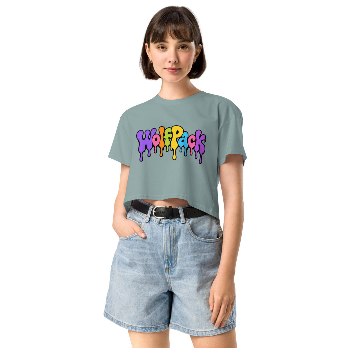 Wolfpack drip logo women's crop top, mineral, front