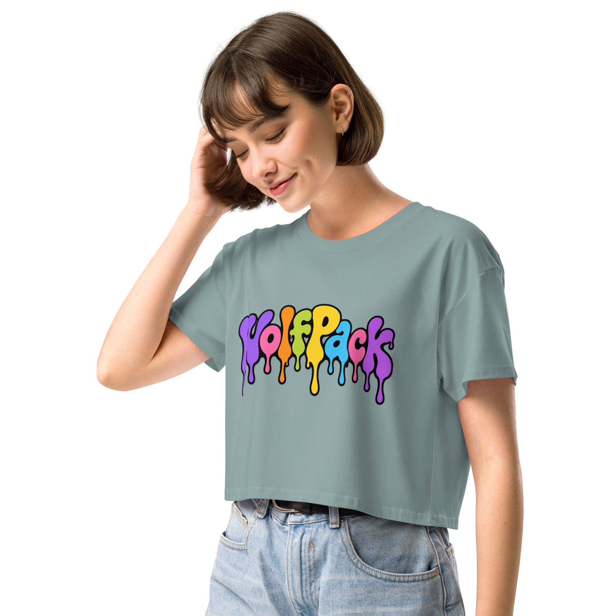 Wolfpack drip logo women's crop top, mineral, left front