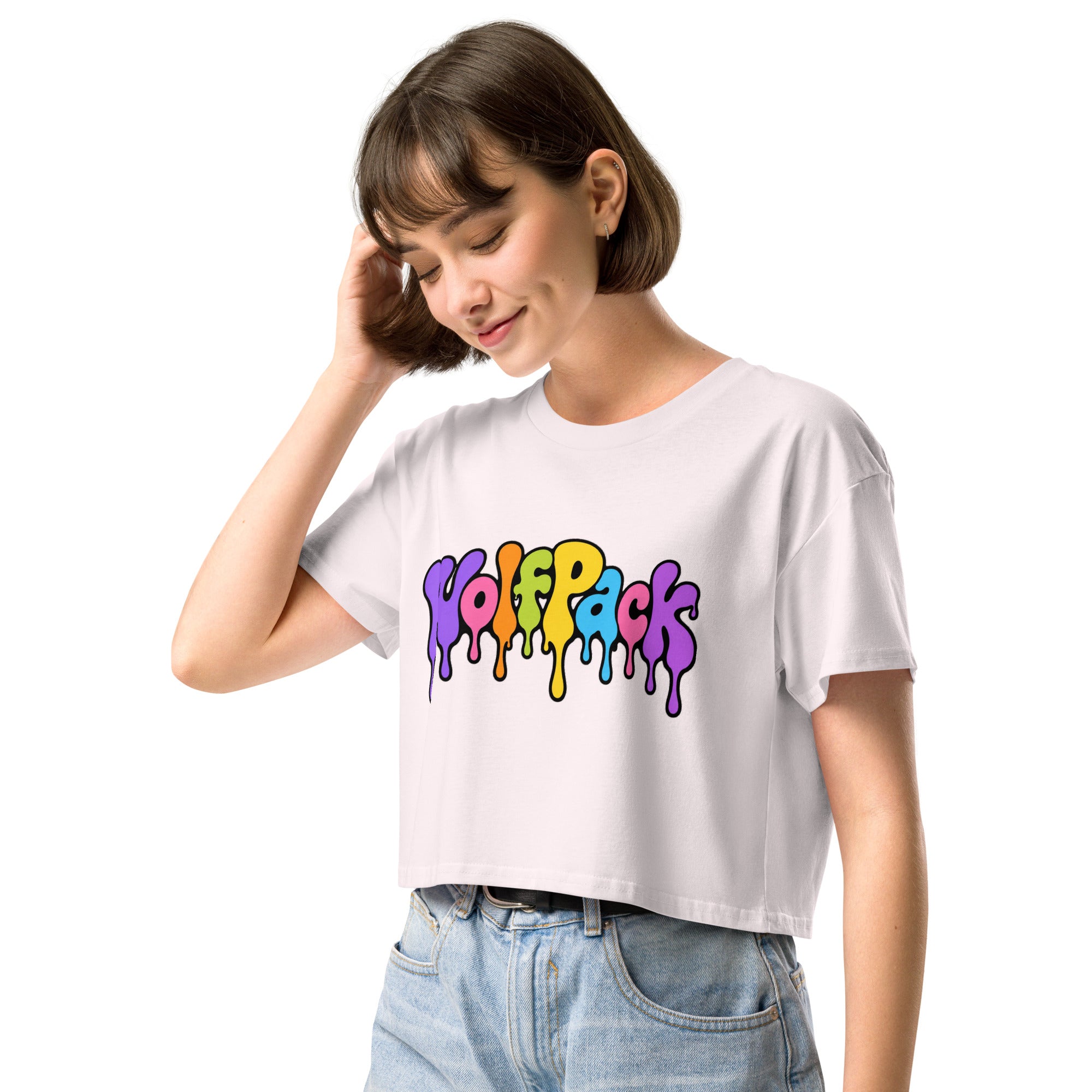 Wolfpack drip logo women's crop top, orchid, left front
