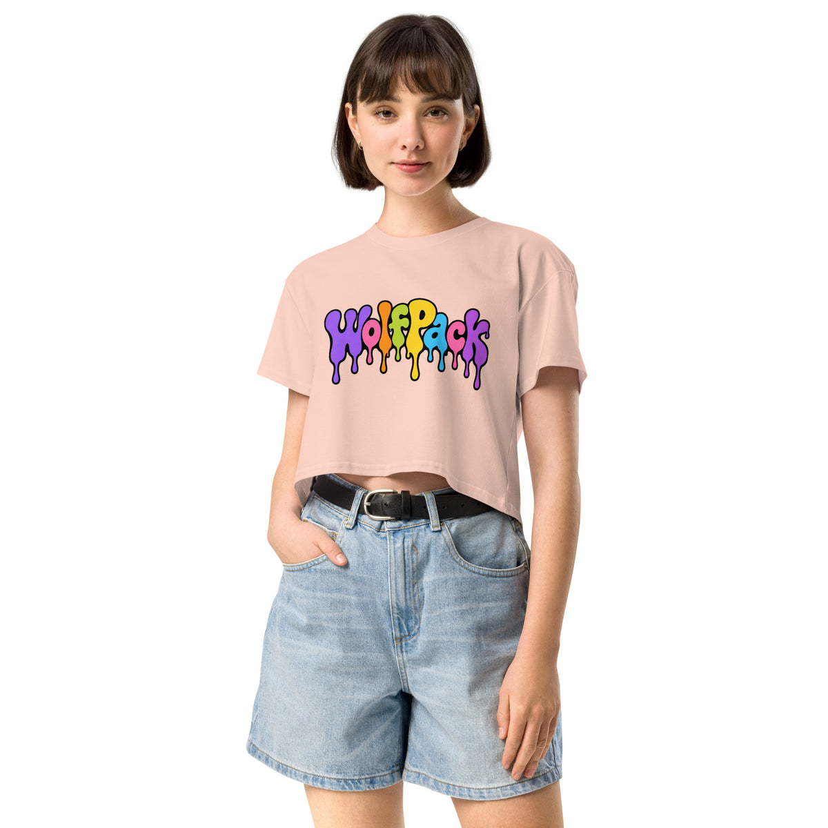 Wolfpack drip logo women's crop top, pale pink, front