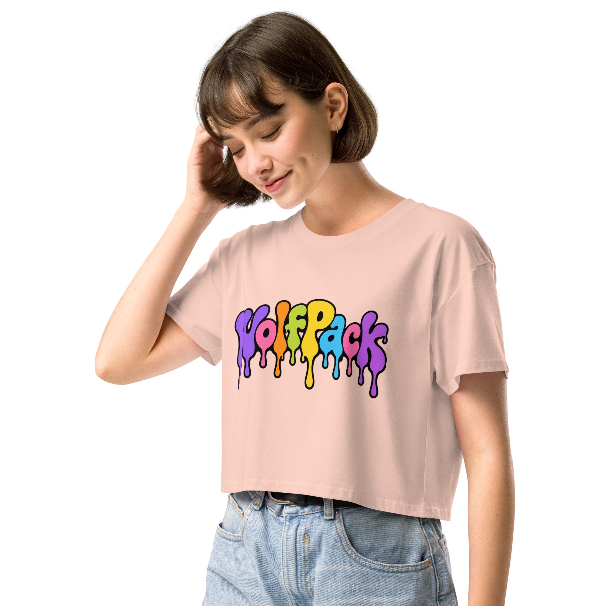 Wolfpack drip logo women's crop top, pale pink, left front