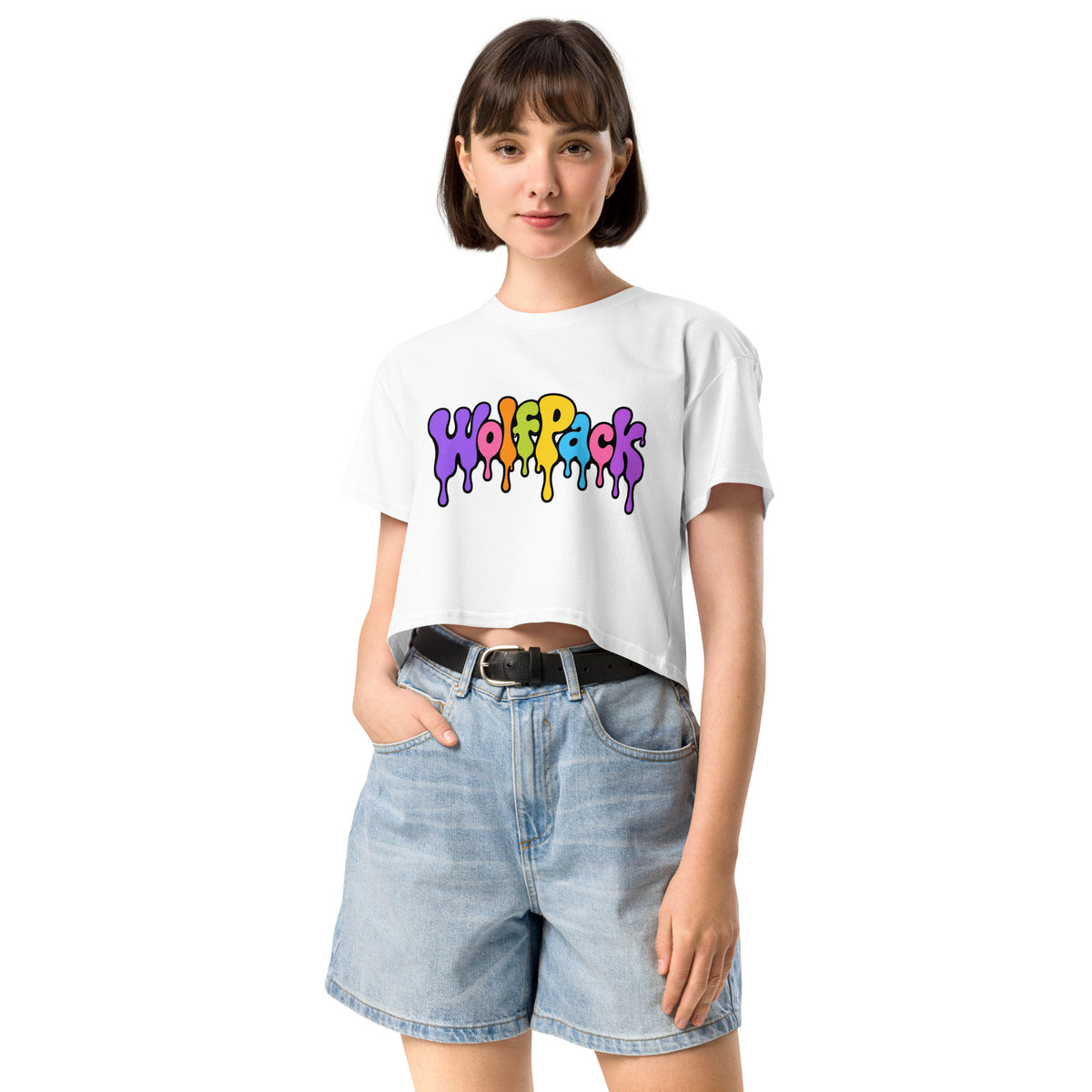 Wolfpack drip logo women's crop top, white, front