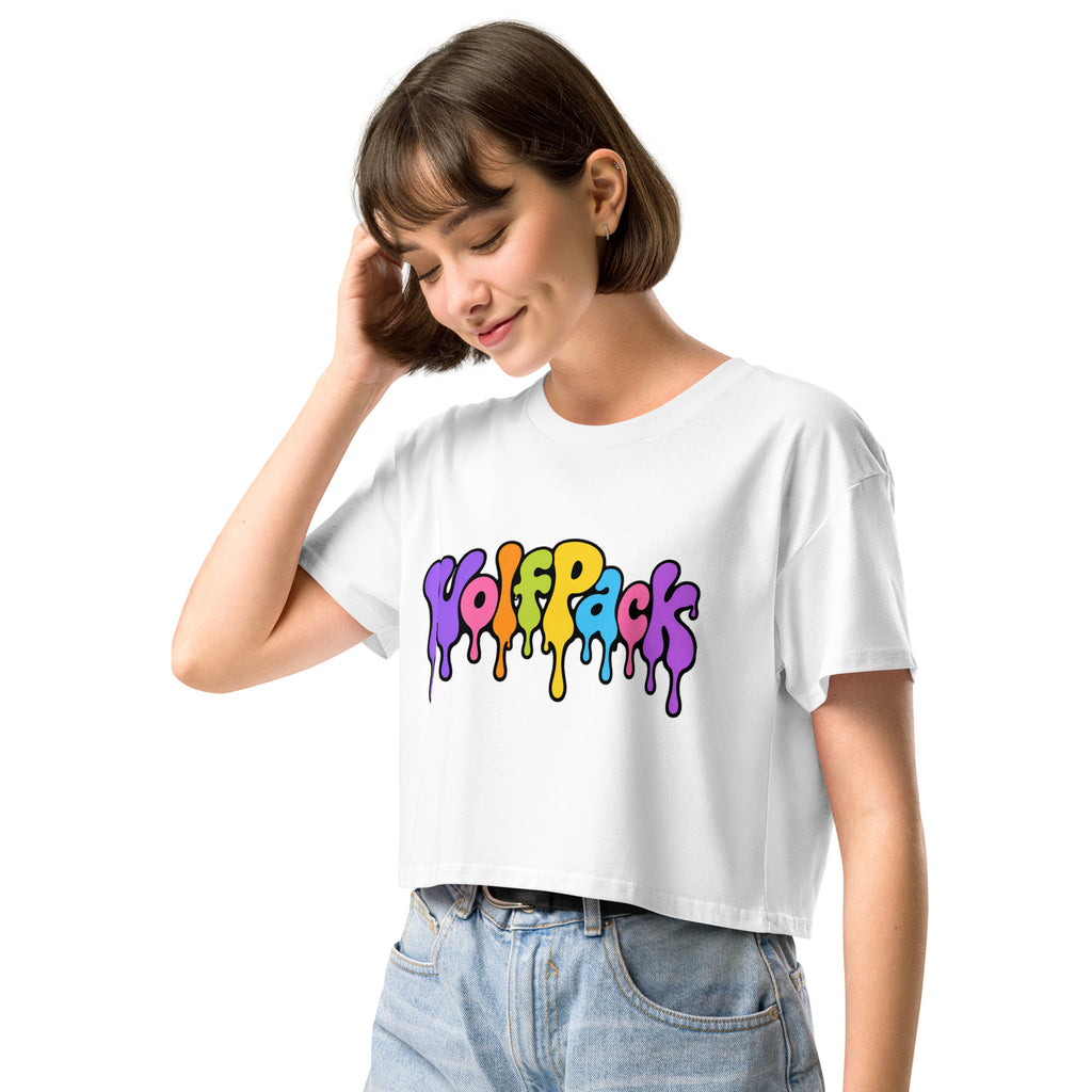 Wolfpack drip logo women's crop top, white, left front