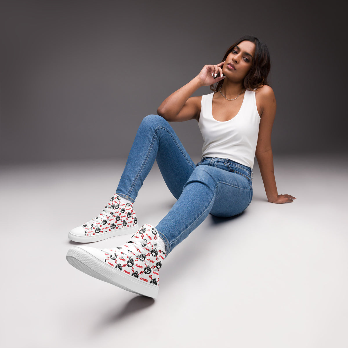 #TEAMRED Women's High Top Canvas Shoes // White, front view