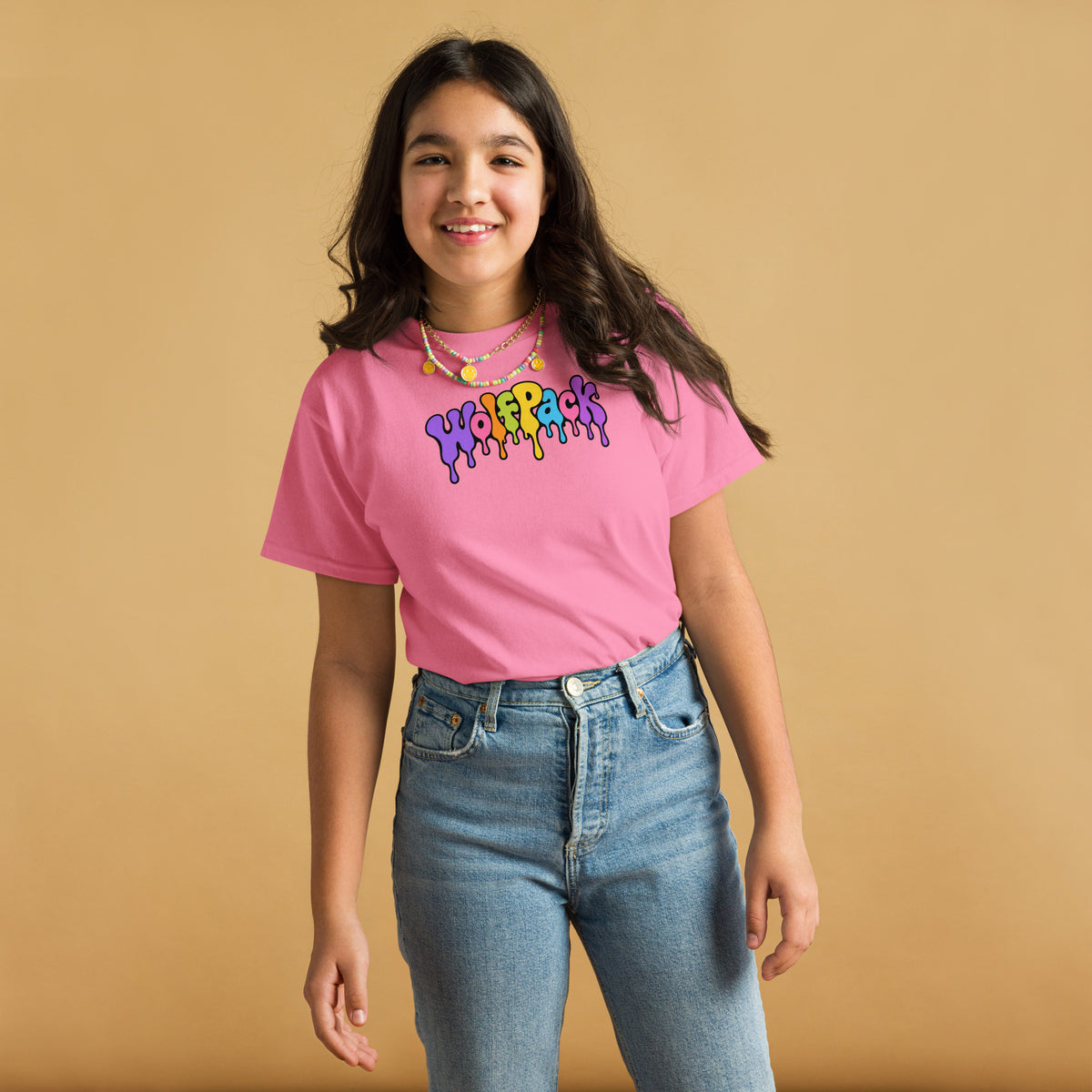 Wolfpack drip logo youth tee, azalea pink, front
