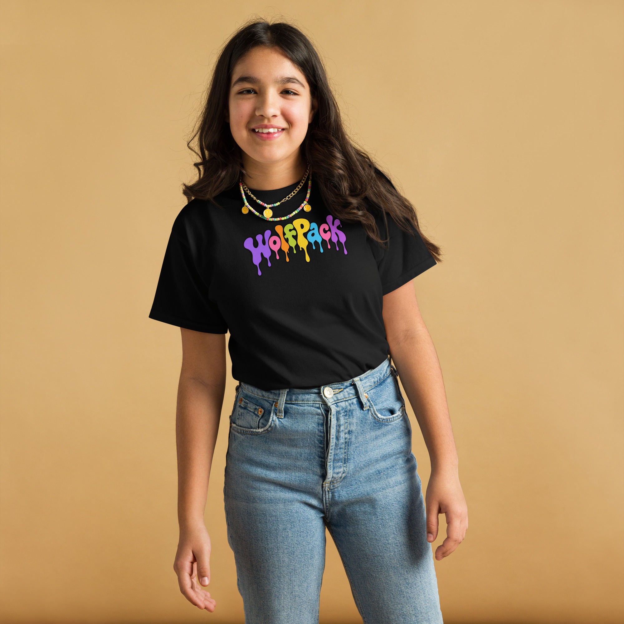Wolfpack drip logo youth tee, black, front