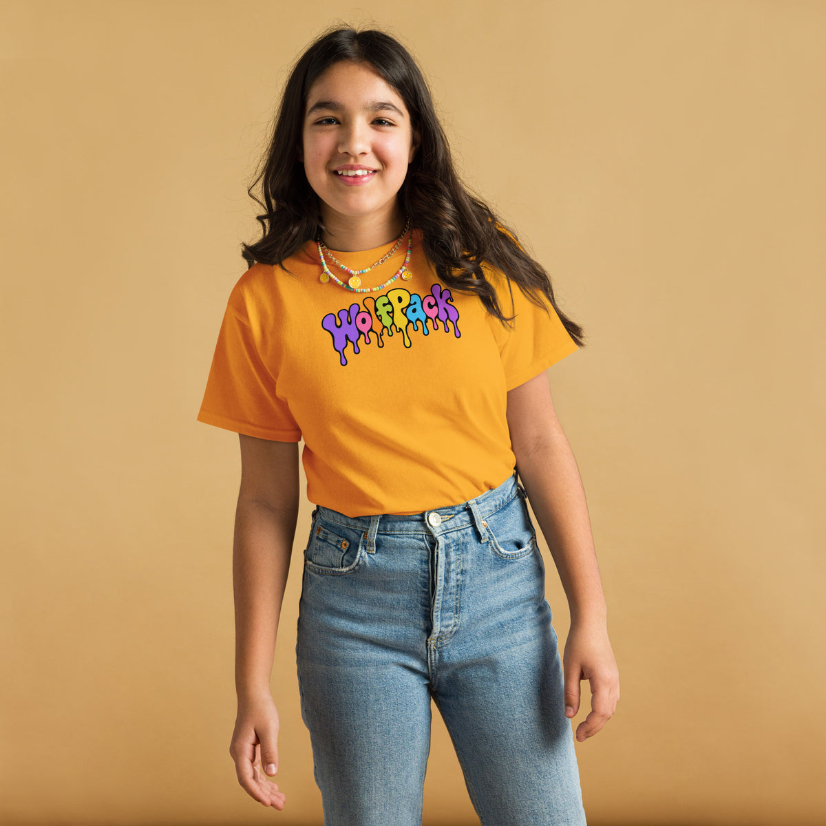 Wolfpack drip logo youth tee, gold, front