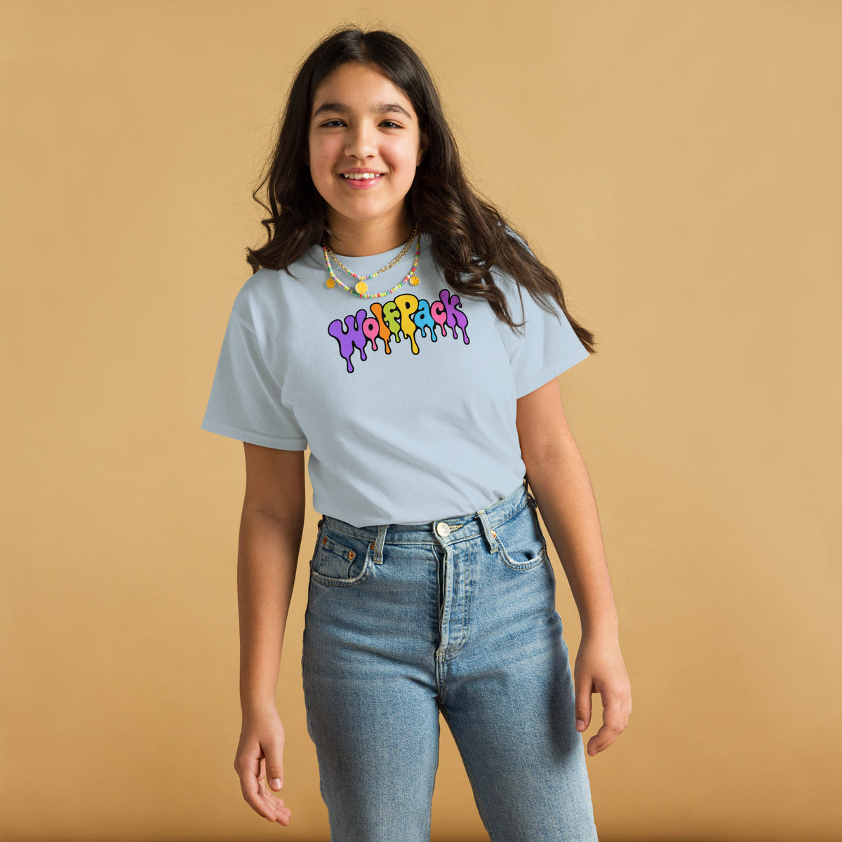 Wolfpack drip logo youth tee, light blue, front