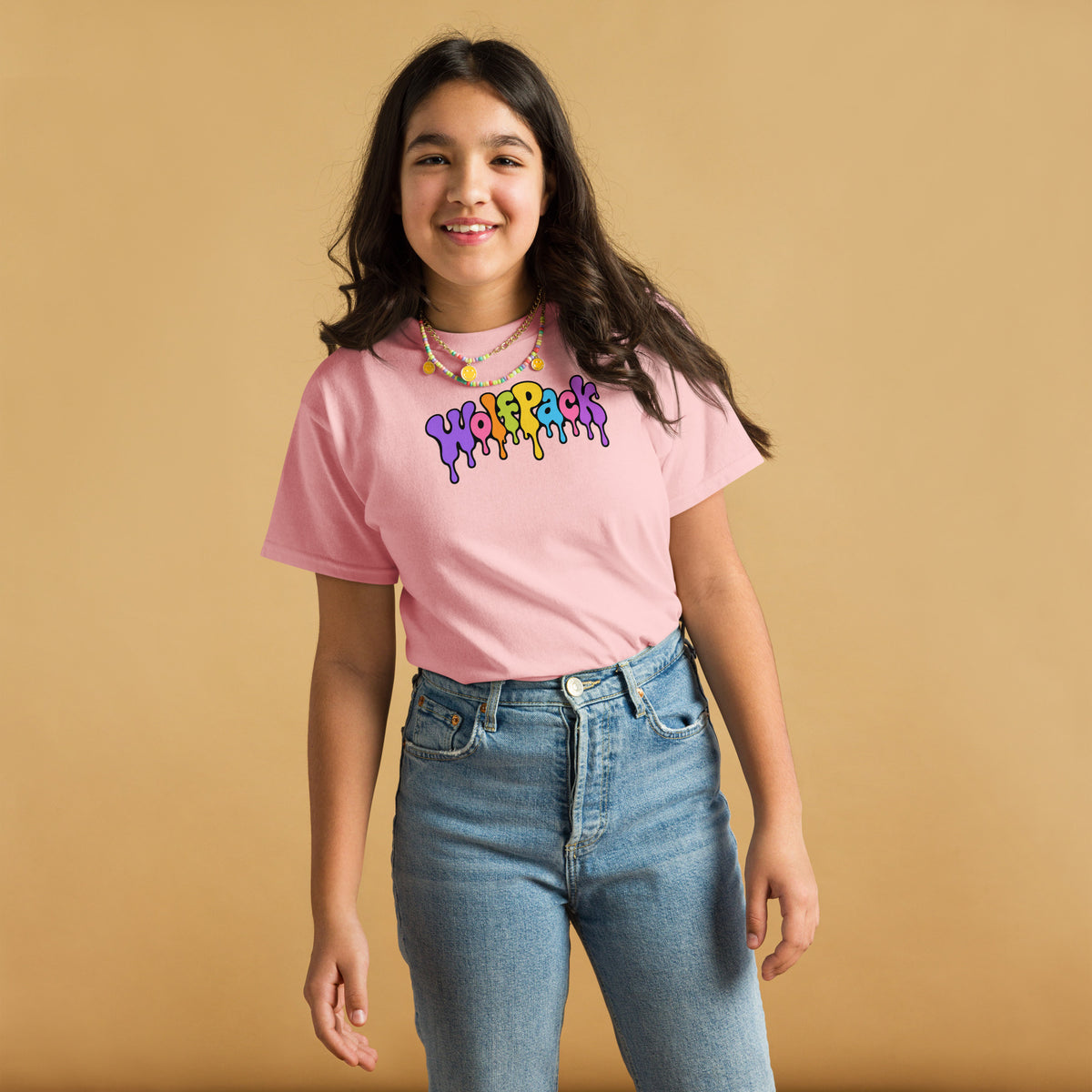 Wolfpack drip logo youth tee, light pink, front
