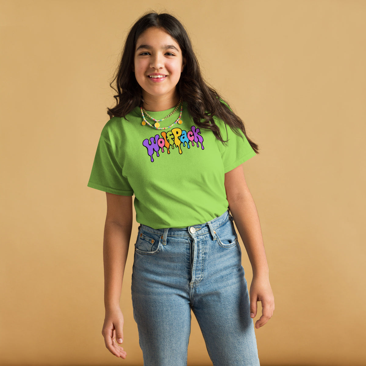 Wolfpack drip logo youth tee, lime, front